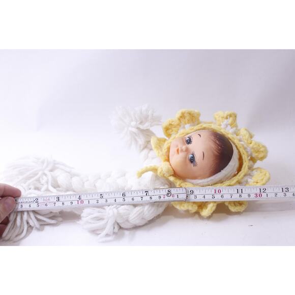 60s 70s Cute Vintage Crochet Baby Doll, Vinyl Face, White-Yellow, 12 inches, - Picture 3 of 3